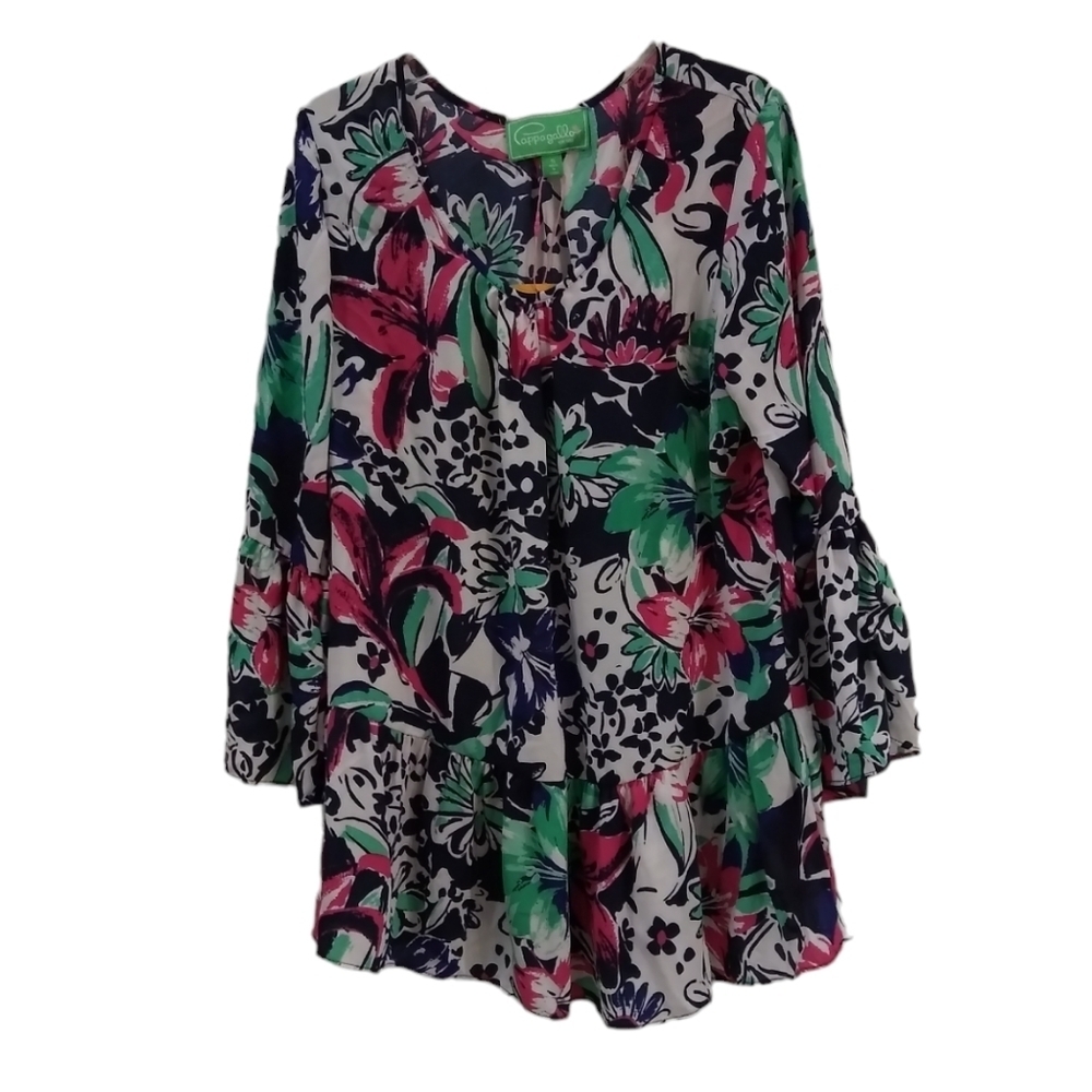 Pappagallo Floral Tiered Peplum Women's Top V-Neck 3/4 Ruffle Bell Sleeve Size S